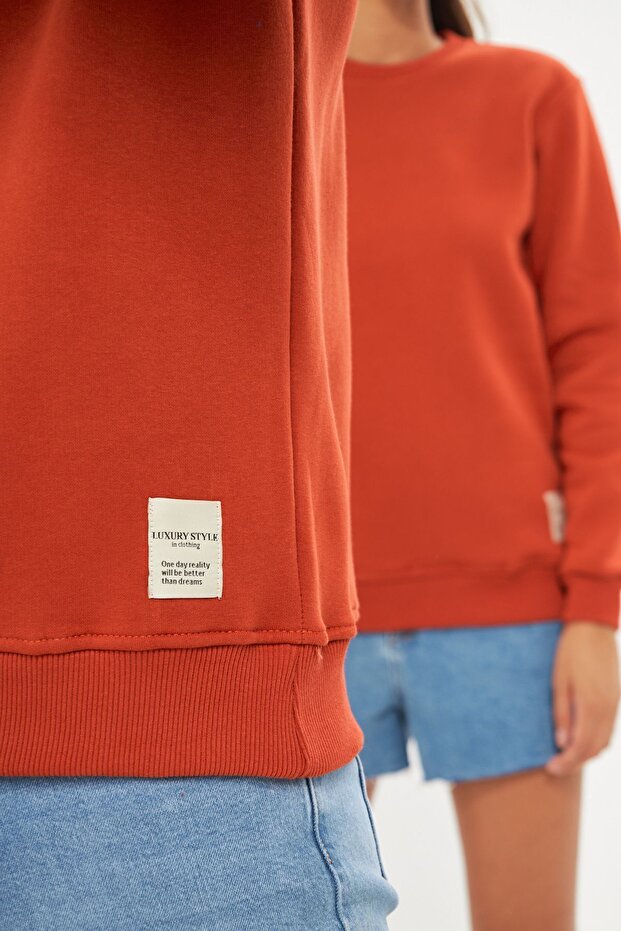 Unisex Basic Bisiklet Yaka Kalın Kışlık Oranj Sweat - 2