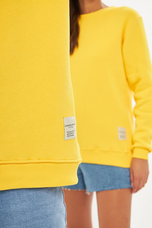 Unisex Basic Bisiklet Yaka Kalın Kışlık Sarı Sweat - 2