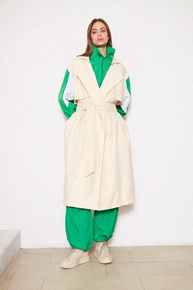 Kadın Oversize Garnilli Çift Renk Trençkot - 5