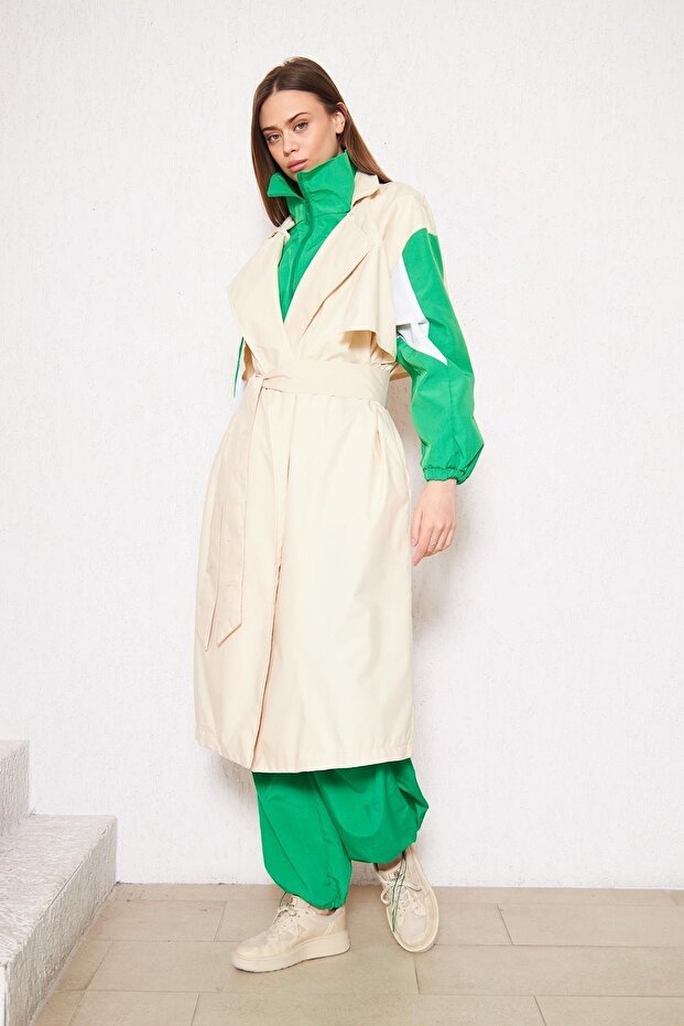 Kadın Oversize Garnilli Çift Renk Trençkot - 3
