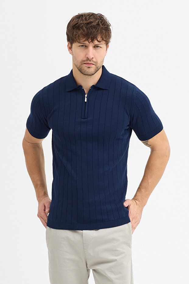 Navy Blue 100% Cotton Half Zip Polo Neck Men's Knitwear T-Shirt