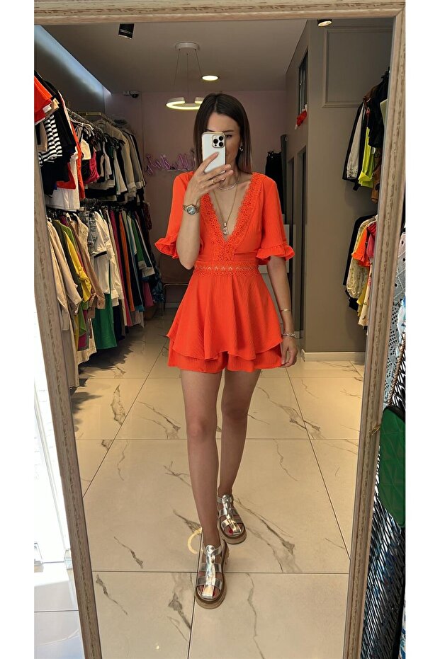 Dantel İşlemeli Şort Tulum - 2