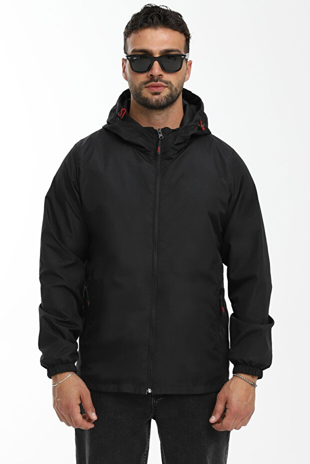 Men's Black Lined Hooded Pocket Jacket