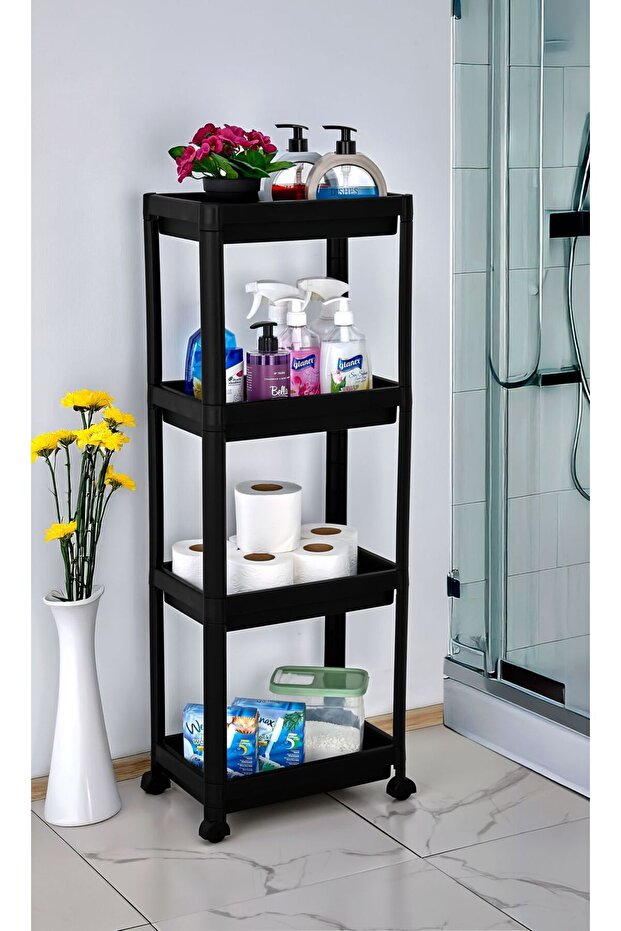 وحدة أرفف للحمام والمطبخ مكونة من 4 طبقات، منظم شامبو للحمام والمطبخ باللون الأسود، رف للخضروات، خزانة - 2
