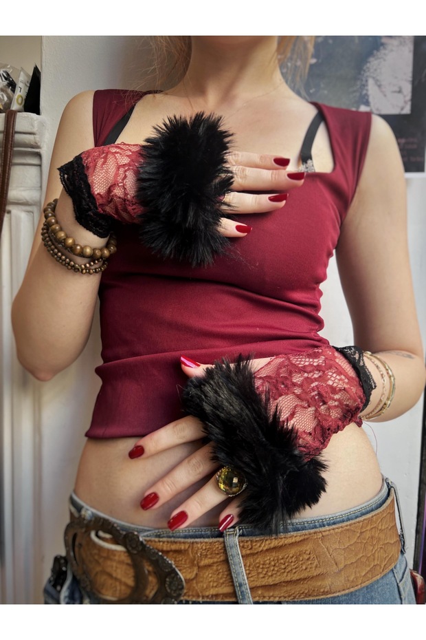 Gotik Tüylü Dantel Eldiven - 2