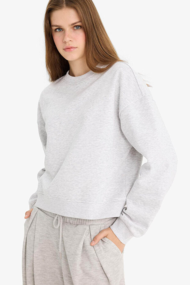 Regular Fit Kalın Basic Düz Gri Kadın Sweatshirt D6645AX/GR256 - 3