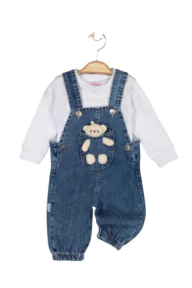 UNISEX Teddy Bear Print Baby Denim Slopet 6-9-12-18 Months Set, Striped Bodysuit
