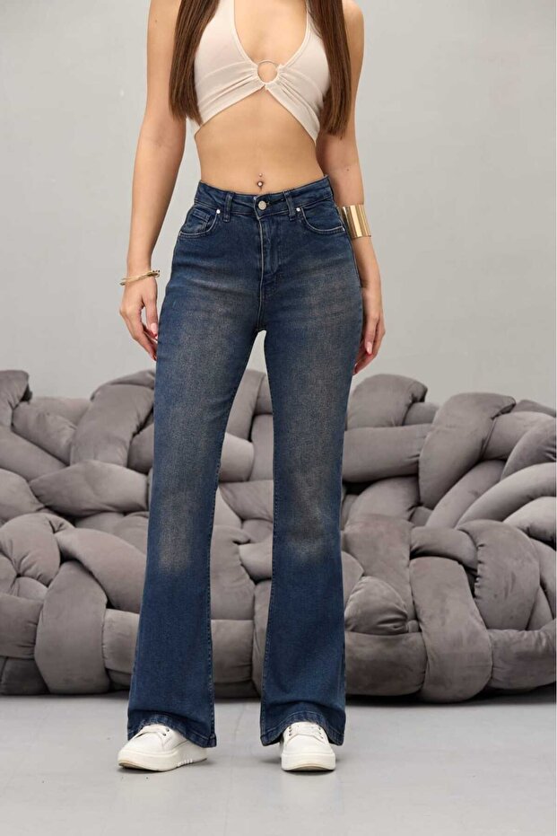 Női, magas derekú, rugalmas, széles szárú farmernadrág - 3