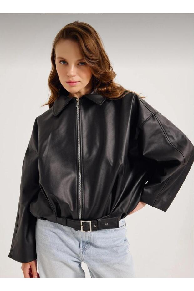 Women's Black Belted Leather Jacket