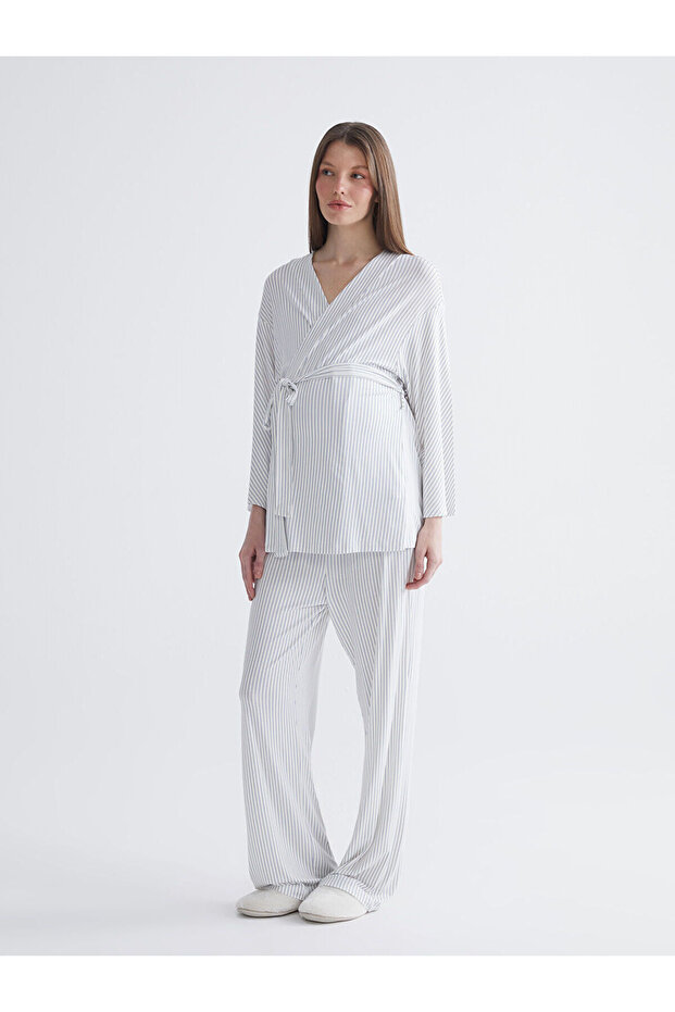 Özmarka New Season Shawl Collar Striped Maternity Pajama Set
