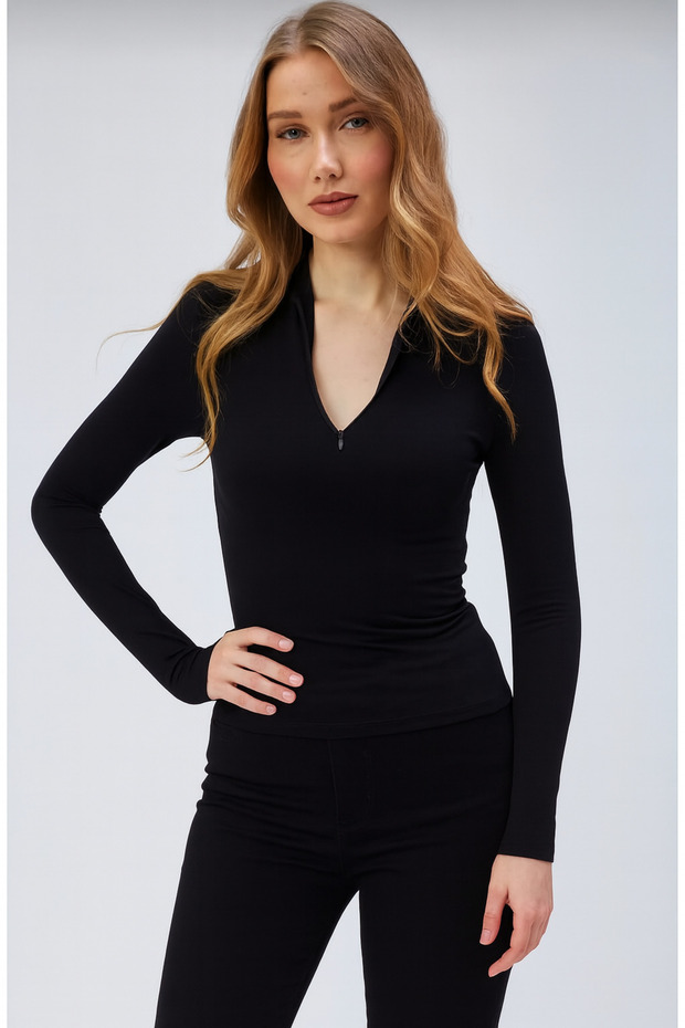 Zippered Fingerless Long Sleeve T-Shirt Blouse