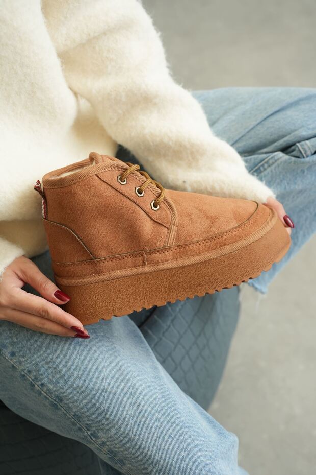 Kadın Pastor Kürklü Kısa Bot - Taba Süet - 4