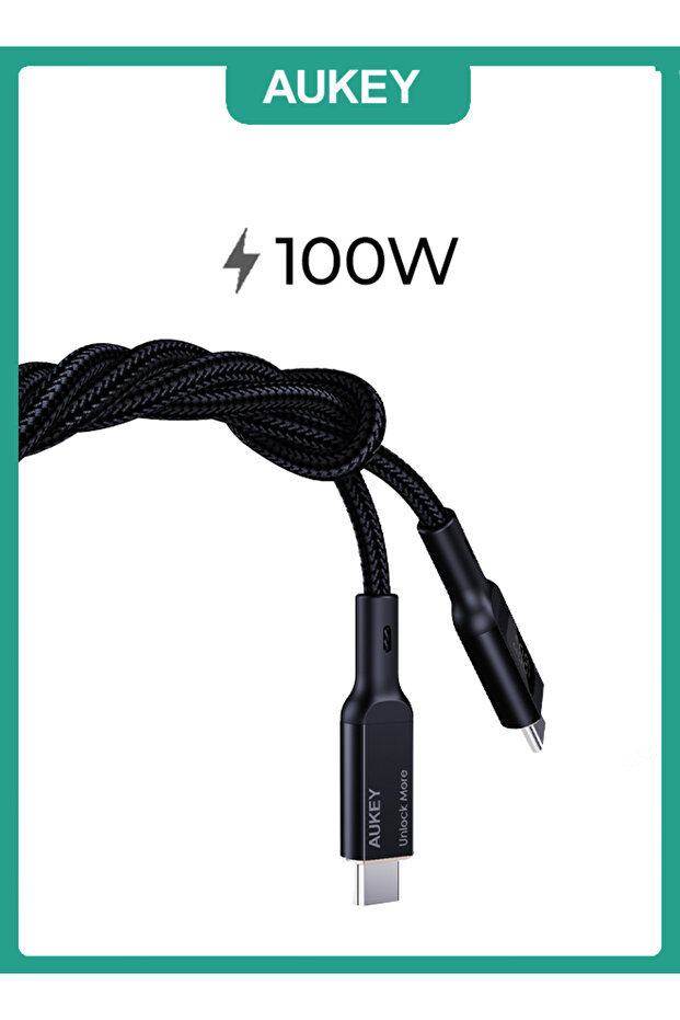 كابل USB-C إلى USB-C مضفر من النايلون مع شاشة LCD بطول 1 متر وقوة 100 وات، أسود