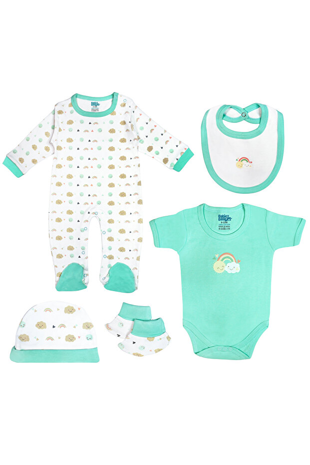 5 piece Sets include Bib, Romper, Mittens, Cap and Sleepsuit, 6-9 Months , Green