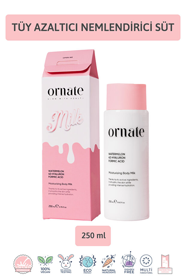 ORNATE Yoğun Nemlendirici Vücut Sütü Losyonu Tüy Azaltıcı, Onarıcı 4d Hyaluronik Asit 250 ml Vegan