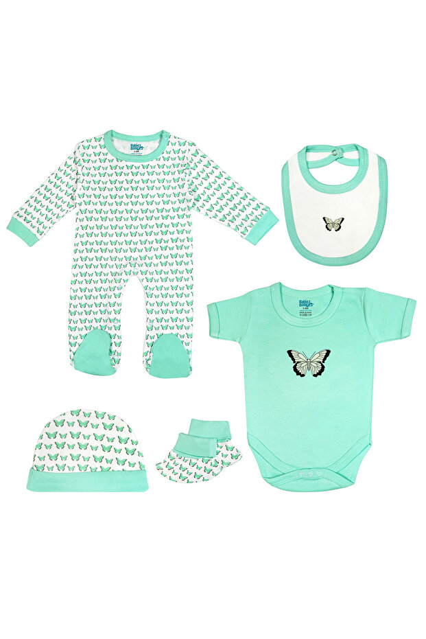 5 piece Sets include Bib, Romper, Mittens, Cap and Sleepsuit, 9-12 Months , Green