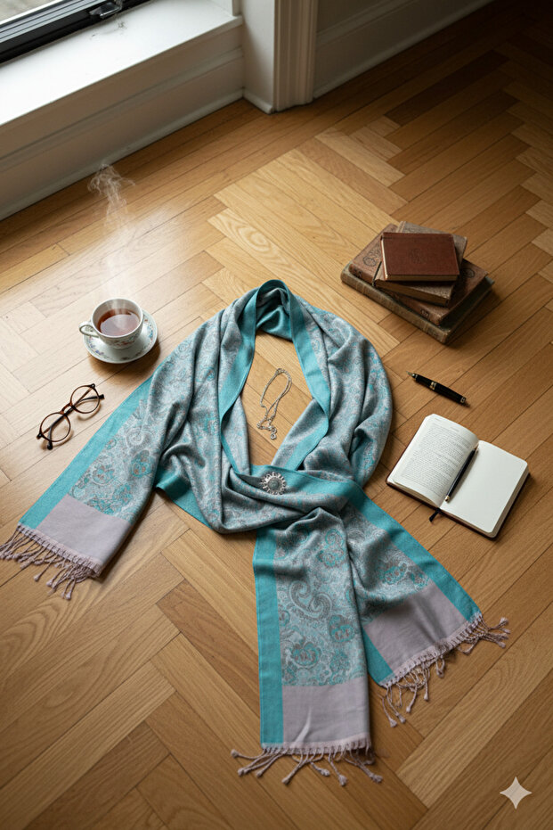 Pink-Aqua Matte Cloud Patterned Shawl - 2