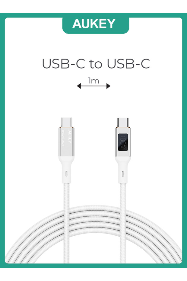 كابل USB-C إلى USB-C مضفر من النايلون مع شاشة LCD بطول 1 متر وقوة 100 وات، أبيض
