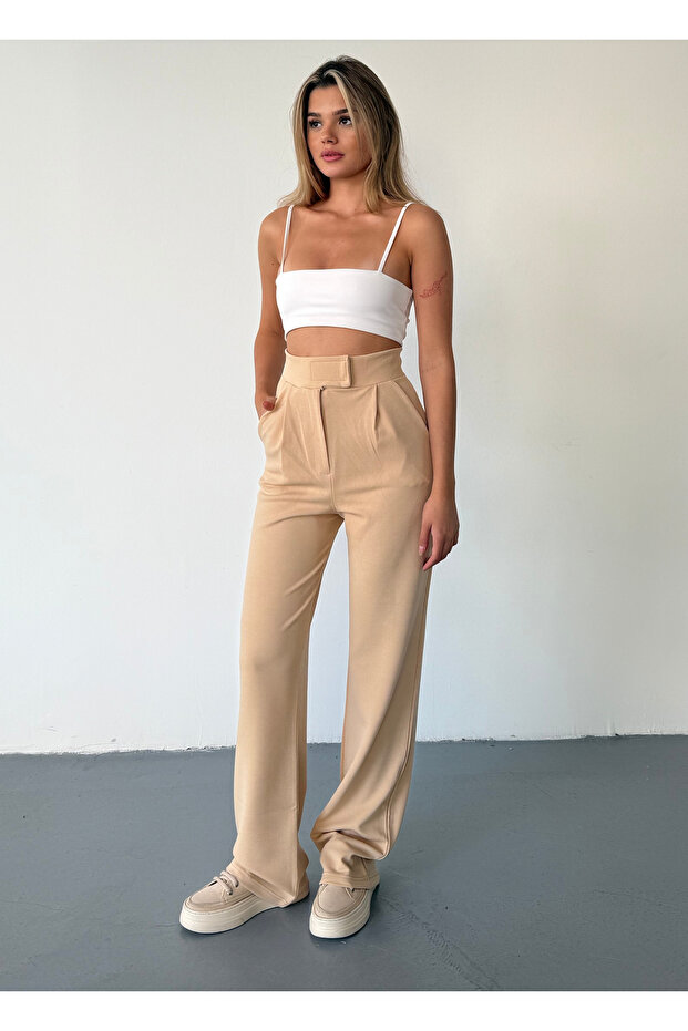 Women's Beige Velcro Lycra Palazzo Trousers
