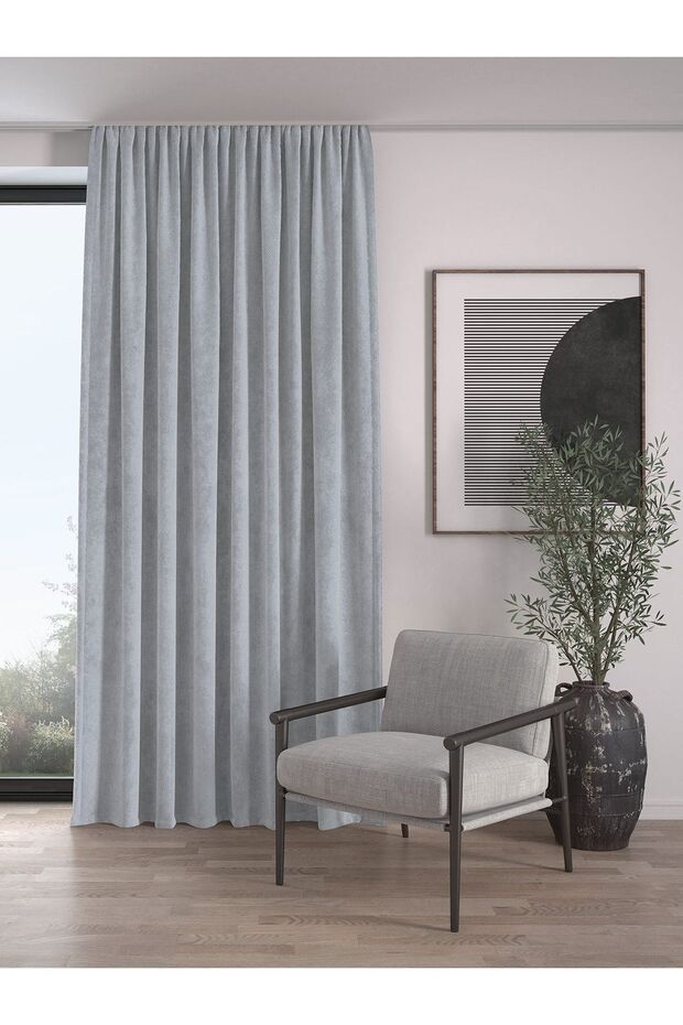 Velvet Textured Extrafor Gathered Silver Gray High Quality Fund Curtain Single Wing