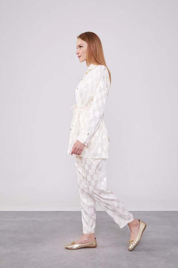 Jacquard Ecru Checkerboard Patterned Double Suit Set - 2