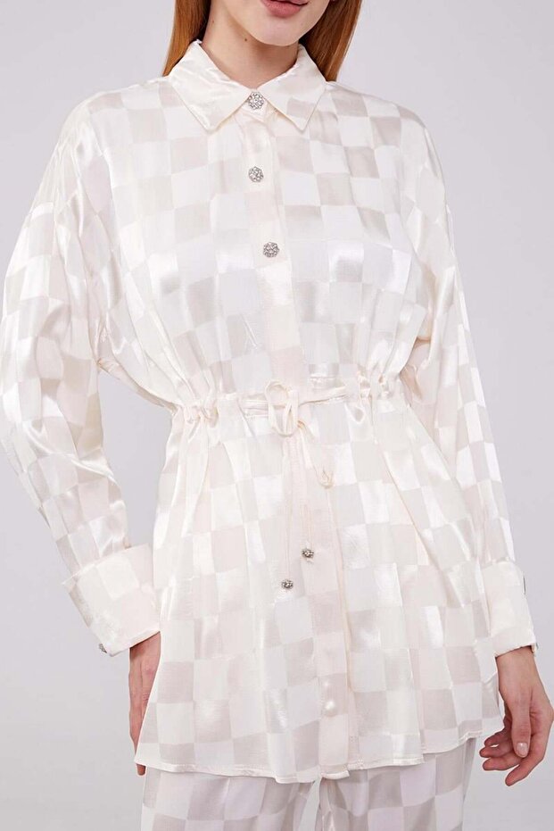 Jacquard Ecru Checkerboard Patterned Double Suit Set - 4