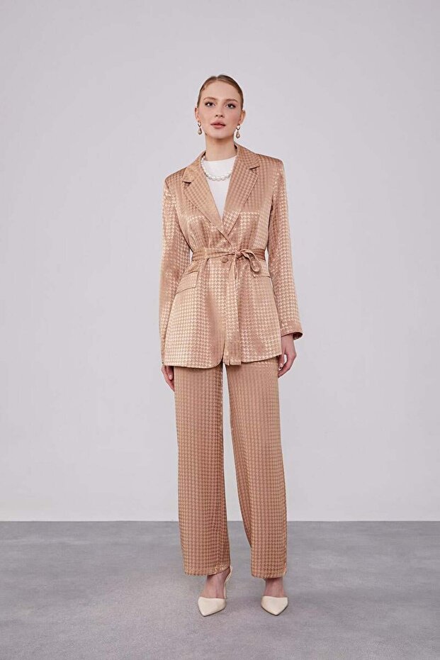 Camel Houndstooth Pattern Jacquard Jacket Set - 1