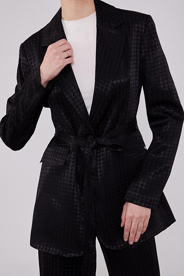 Jacquard Patterned Black Houndstooth Jacket Set - 4