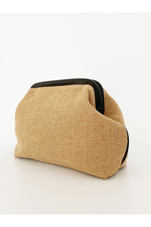 Heybes Women's Black Piped Jute Straw Clutch Handbag
