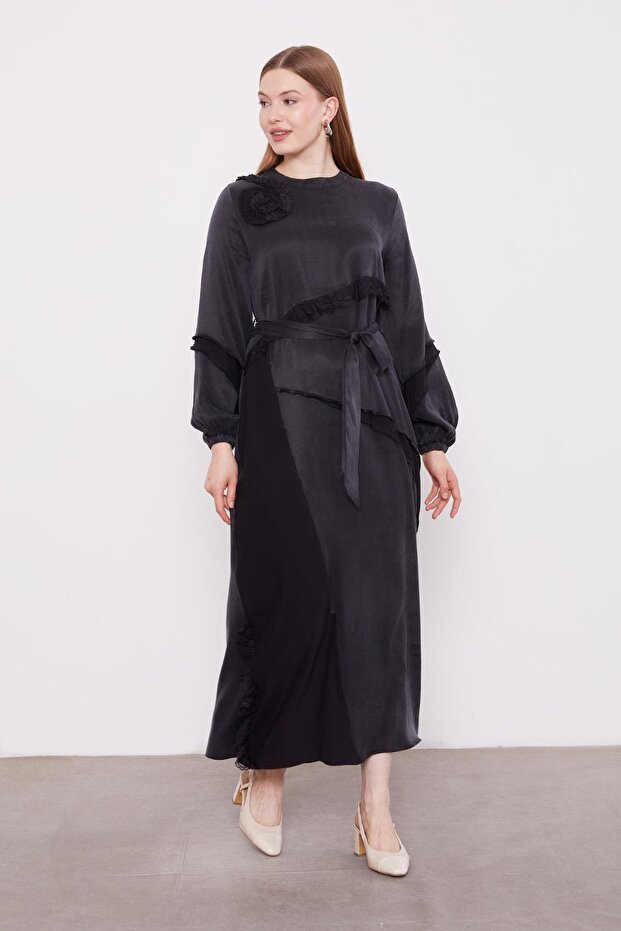 Siyah Dantel Şeritli Cupra Elbise - 2