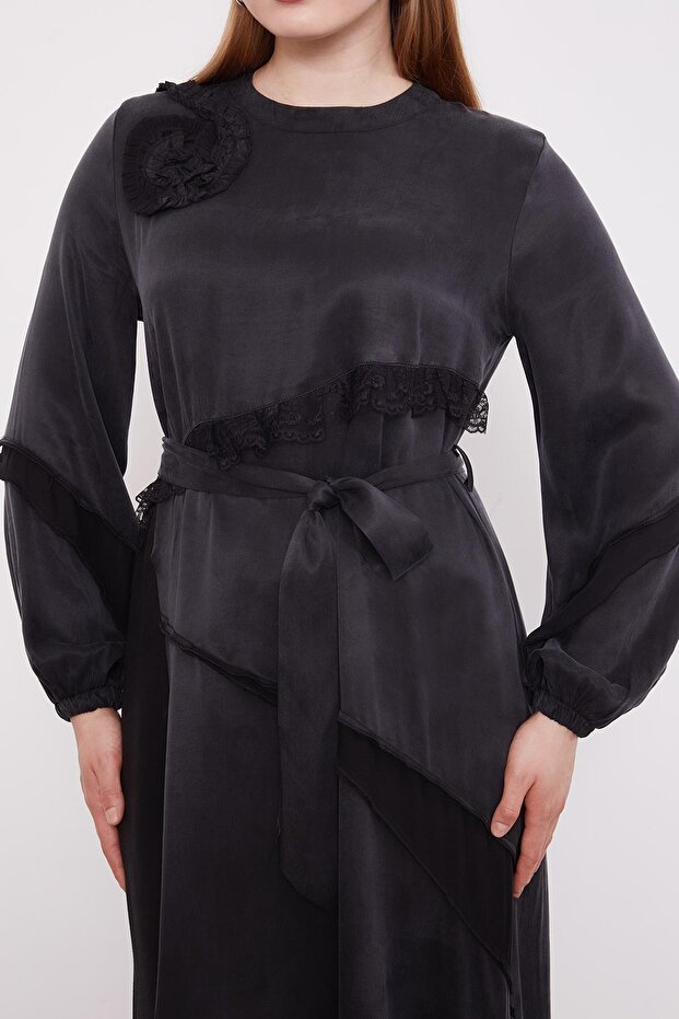 Siyah Dantel Şeritli Cupra Elbise - 5