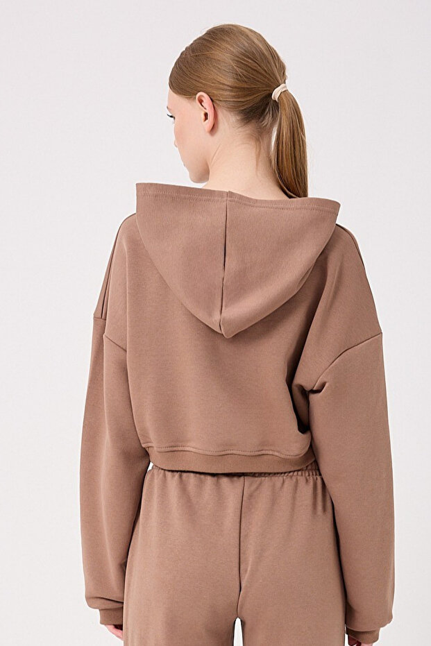 KADIN CROP KAPŞONLU ÜÇ ÜPLİK BASIC SWEATSHİRT - 4