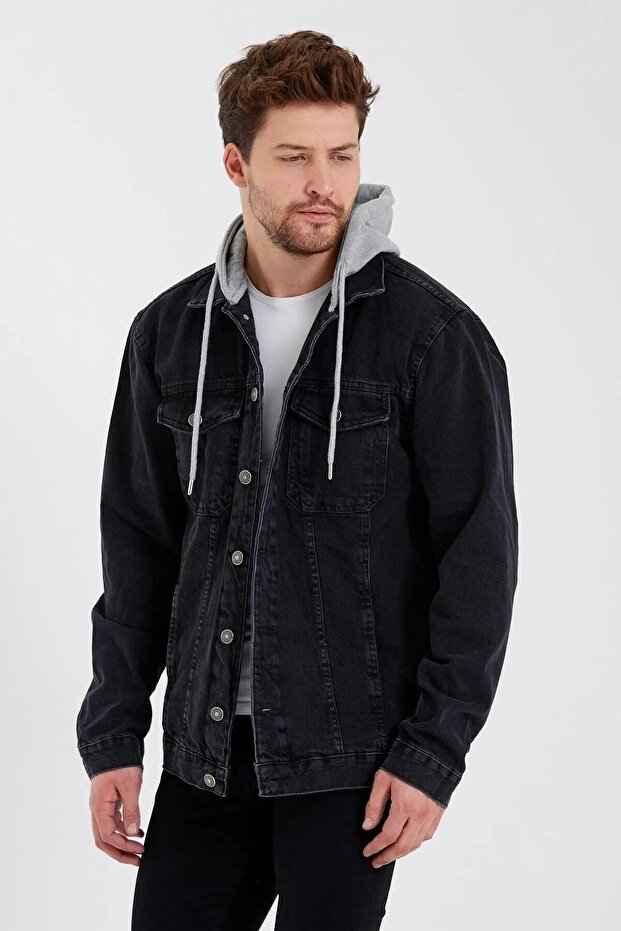 Men's Classic Urban Style Denim Hooded Denim Jacket for Daily Use Black