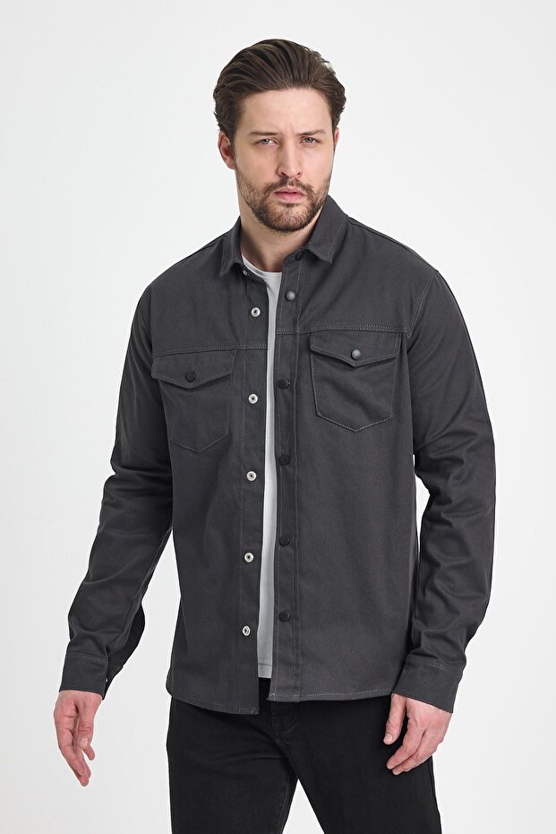 Men's Prevailing Collar Oversize Basic Anthracite Shirt