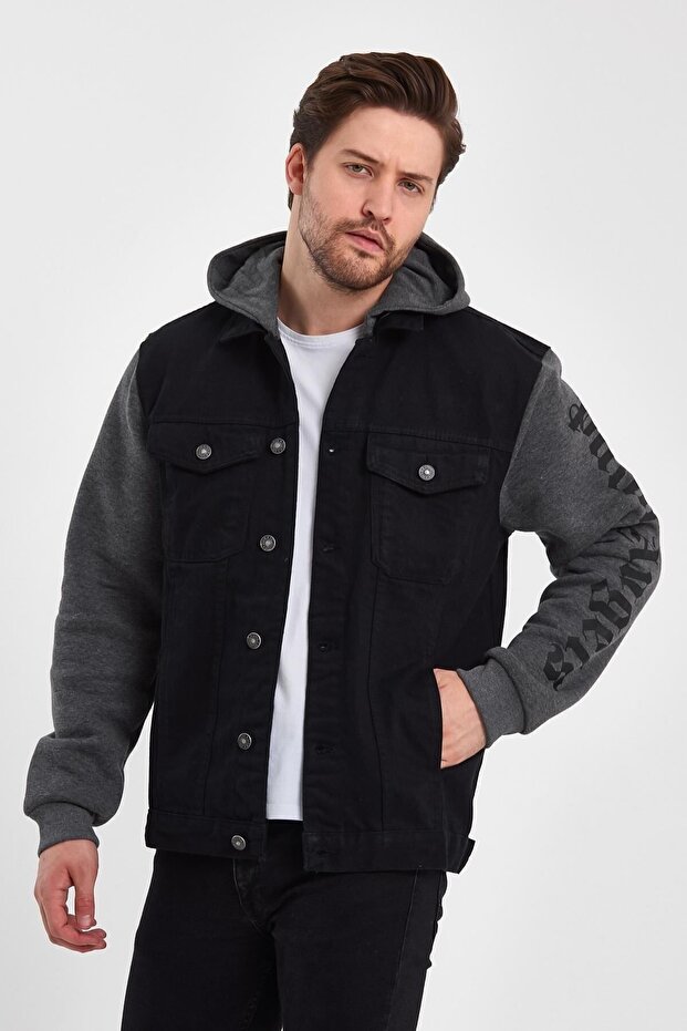 Printed Comfortable Denim Combed Cotton Sleeve Hooded Jeans Coat Black