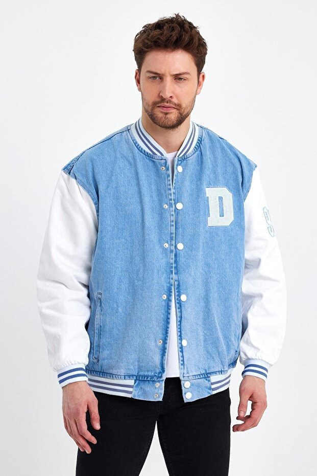 Men's Casual Cotton Comfortable Oversize Ice Blue Denim College Jacket