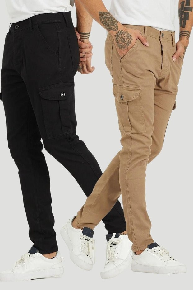 Pack of 2 Cargo Pocket Trousers Multicolored in Black and Camel Colors