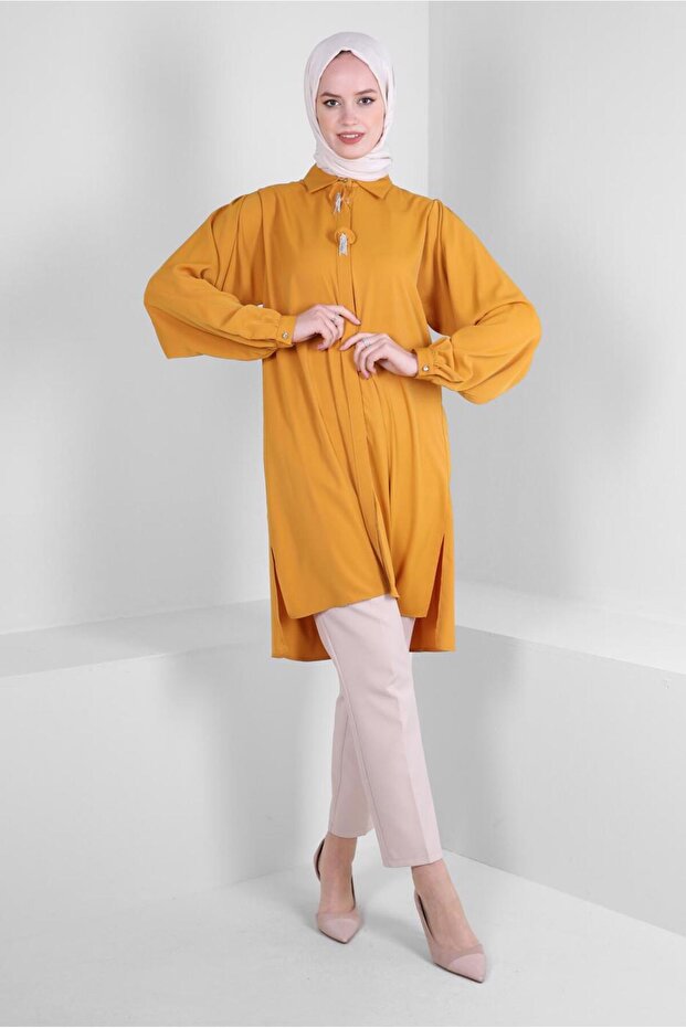 STONE TASSEL DETAILED HIDDEN BUTTON TUNIC 43502