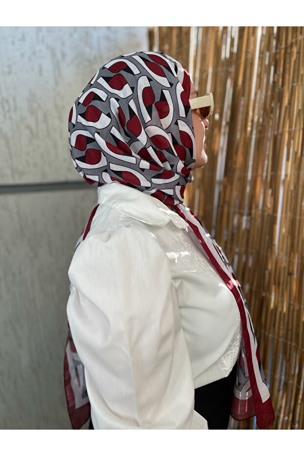 شال ناعم باللون الأحمر الداكن والرمادي منقوش بشكل عتيق - 8