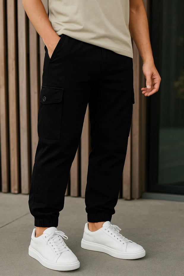 Men's High-Waist Elastic Black Tactical Cargo Pants