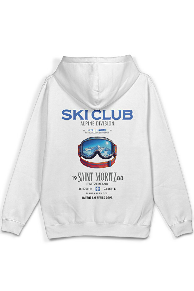 Ski Club Kayak Snowboard Printed Hooded Semi Oversized Sweatshirt White Hoodie 1409