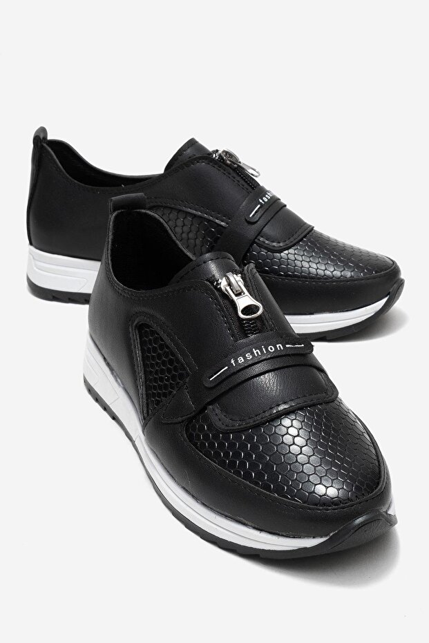 Zippered Snake Patterned Women's Shoes Black Skin