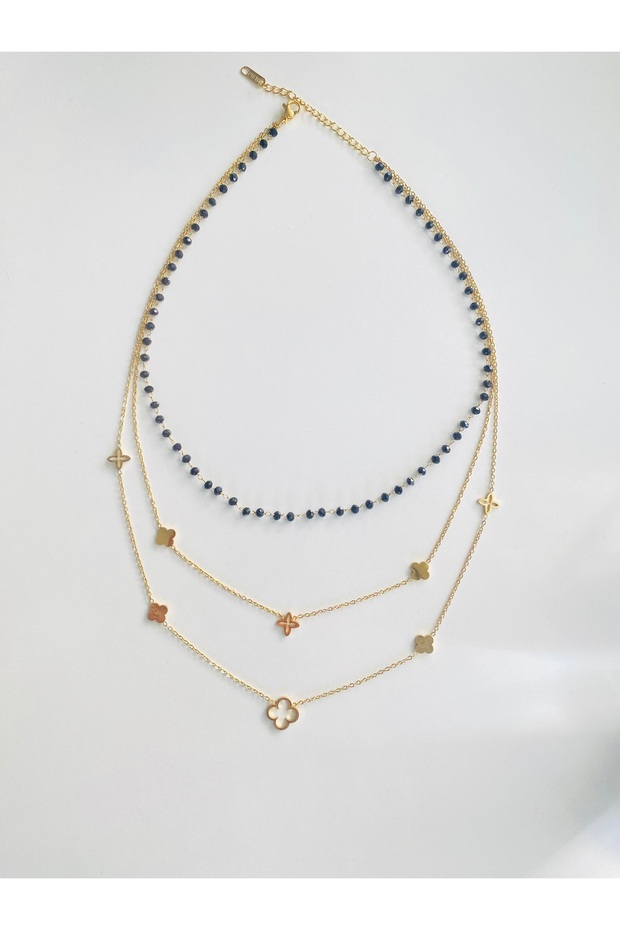 Steel Necklace with Black Beads and Steel Necklace Made of Four-Leaf Clover Figures