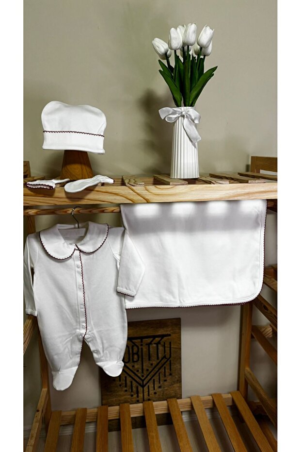 Red Embroidered Combed Cotton Baby Hospital Discharge Set