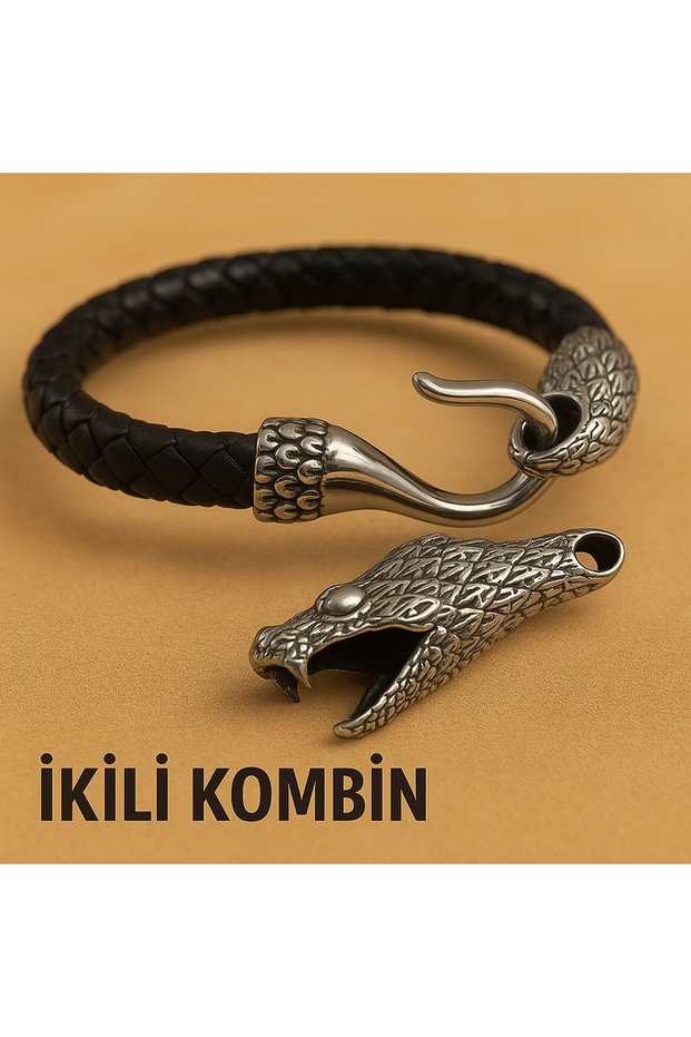 Gift for Lover Men's Jewelry Set Double Combination Leather Bracelet and Snake Head Steel Necklace