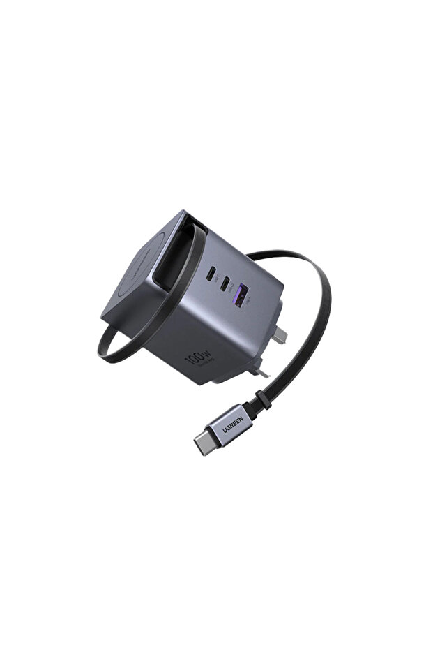 شاحن حائط نيكسود برو مع كابل قابل للسحب، منفذي USB-C وUSB، 100 وات - رمادي