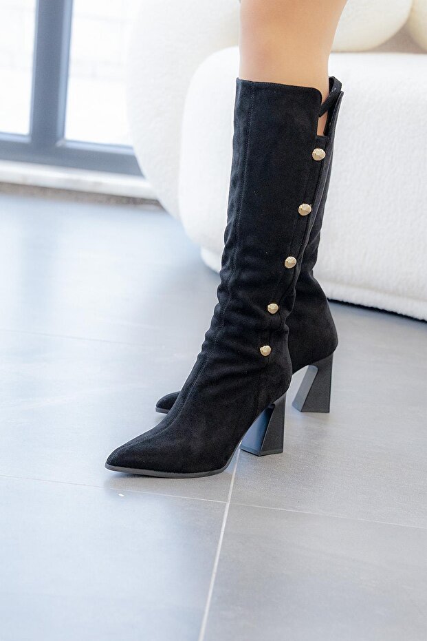 Lui̇sa Original Imported Stone Buckle Detail Suede Women's Boots Black