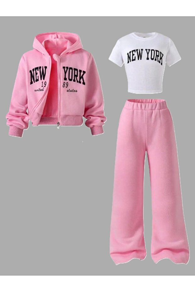Children's New New York Printed 3-Piece Jacket Crop T-Shirt and Sweatpants Set Suit