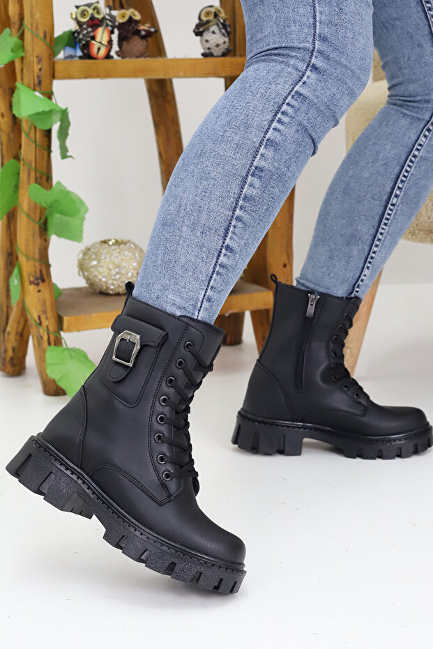 Women's Lace-Up Zippered Pocket Buckle Thick Sole Boots Winter Waterproof 501