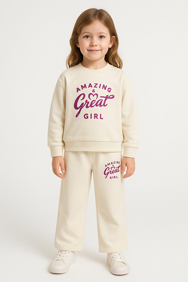 Crew Neck Girl's Sweatshirt and Sweatpants Set (Silvery Printed 3-Thread Thick Fabric)
